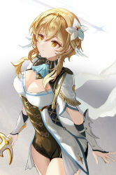 Rule 34 | 1girl, arm at side, ascot, blonde hair, breasts, capelet, cleavage, cowboy shot, feather hair ornament, feathers, flower, genshin impact, gradient background, hair flower, hair ornament, highres, holding, holding sword, holding weapon, large breasts, lily (flower), long hair, looking afar, lumine (genshin impact), parted lips, short hair with long locks, short shorts, shorts, solo, sword, thighs, uli (bredkgod), weapon, white background, white capelet, yellow eyes