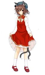 Rule 34 | 1girl, absurdres, animal ears, brown eyes, brown hair, cat ears, cat girl, cat tail, chen, clothes lift, dress, dress lift, female focus, hal (ojou), hat, highres, multiple tails, skirt hold, socks, solo, tail, touhou, transparent background, white socks