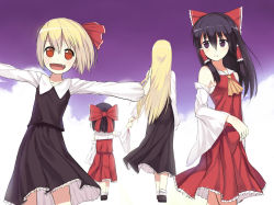 Rule 34 | 2girls, :d, ascot, bad id, bad pixiv id, black hair, blonde hair, blush, bow, brown hair, child, detached sleeves, fang, female focus, from behind, hair bow, hair ribbon, hair tubes, hakurei reimu, holding hands, height difference, highres, keli bang, long hair, long sleeves, multiple girls, aged up, open mouth, outstretched arms, red eyes, ribbon, role reversal, rumia, shirt, short hair, smile, touhou, walking, aged down