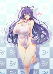 Rule 34 | 1girl, ahoge, animal ears, asobi ni iku yo!, bell, blue eyes, blush, breasts, cat ears, cat girl, collar, competition swimsuit, covered navel, female focus, gradient background, highres, huge breasts, kiyama satoshi, kuune, large breasts, legs folded, long hair, looking at viewer, neck bell, nipples, one-piece swimsuit, open mouth, purple hair, see-through, see-through silhouette, smile, solo, swimsuit, very long hair