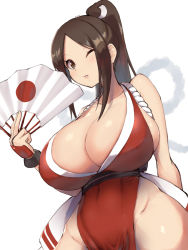 Rule 34 | 1girl, breasts, brown eyes, brown hair, cleavage, curvy, fatal fury, female focus, folding fan, from below, hair ribbon, hand fan, high ponytail, highleg, highleg panties, highres, holding, holding fan, huge breasts, lips, long hair, looking at viewer, magister, matching hair/eyes, ninja, no bra, no panties, obi, one eye closed, panties, parted bangs, parted lips, pelvic curtain, ponytail, revealing clothes, ribbon, sash, shiranui mai, sideboob, skindentation, smile, solo, standing, thick thighs, thighs, underwear, white background, wide hips, wink