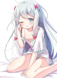 Rule 34 | 10s, 1girl, adrenaline!!!, blue eyes, blush, bow, breasts, commentary request, convenient censoring, eromanga sensei, grey hair, hair bow, izumi sagiri, long hair, looking at viewer, low-tied long hair, matokechi, messy hair, no bra, one eye closed, pink bow, rubbing eyes, single bare shoulder, sitting, small breasts, solo, wariza