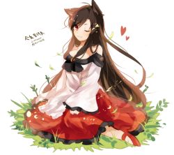 Rule 34 | 1girl, 2015, ;3, amano kenpi, animal ears, brooch, brown hair, dated, dress, fang, heart, imaizumi kagerou, jewelry, long hair, one eye closed, red eyes, sitting, smile, solo, star (symbol), touhou, very long hair, wolf ears
