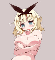 Rule 34 | 1girl, black bow, blonde hair, blue eyes, blunt bangs, blush, bow, breast hold, breasts, cleavage, covering privates, covering breasts, eyebrows, fang, female focus, hairband, highres, large breasts, navel, open mouth, saionji usagi, shirogane (platinum), simple background, solo, sweatdrop, taimadou gakuen 35 shiken shoutai, tears, topless frame, upper body, wide hips