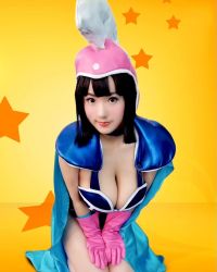 Rule 34 | 1girl, black hair, breasts, brown eyes, chi-chi (dragon ball), chi-chi (dragon ball) (cosplay), clothes, cosplay, dragon ball, elbow gloves, female focus, gloves, highres, large breasts, looking at viewer, model, pink gloves, shibuya kaho, simple background, sitting, smile, solo