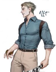 Rule 34 | 1boy, belt, black belt, blonde hair, blue shirt, brown eyes, brown pants, collared shirt, highres, holding, holding knife, holding weapon, jujutsu kaisen, knife, long sleeves, male focus, nanami kento, pants, parted lips, shirt, short hair, si (si12o2), sleeves rolled up, solo, weapon