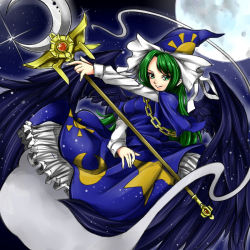 Rule 34 | 1girl, breasts, chain, crescent, demon wings, dress, full moon, ghost tail, glint, goten (510gensoku), green eyes, green hair, hat, long hair, long sleeves, looking at viewer, matching hair/eyes, mima (touhou), moon, night, parted lips, sky, solo, staff, star (sky), star (symbol), starry sky, sun symbol, touhou, touhou (pc-98), wings, wizard hat
