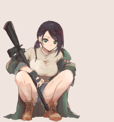 Rule 34 | 1girl, absurdres, black gloves, black hair, boots, breasts, brown background, brown footwear, brown shirt, denim, denim shorts, earrings, fingerless gloves, gloves, green eyes, green jacket, gun, hatsutori (aitoshinobuta), highres, holding, holding gun, holding weapon, idolmaster, idolmaster cinderella girls, idolmaster cinderella girls starlight stage, jacket, jewelry, large breasts, long hair, looking at viewer, midriff peek, off shoulder, open clothes, open jacket, parted lips, ponytail, rifle, shirt, short sleeves, shorts, simple background, solo, squatting, weapon, yamato aki