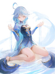 Rule 34 | 1girl, absurdres, anklet, barefoot, blue dress, blue hair, blue nails, closed eyes, closed mouth, commentary, cowlick, dress, english commentary, facing viewer, full body, furina (genshin impact), genshin impact, hands up, highres, jewelry, juliet sleeves, light blue hair, long hair, long sleeves, nail polish, puffy sleeves, sitting, smile, solo, toenails, very long hair, wariza, water, yonesdraws
