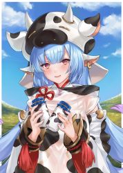 Rule 34 | 1girl, animal ears, animal print, blue hair, blue sky, blush, bottle, breasts, catura (granblue fantasy), cloud, commentary, cow ears, cow hat, cow horns, cow print, day, detached sleeves, draph, earrings, fake animal ears, granblue fantasy, hat, highres, horns, jewelry, long hair, looking at viewer, milk bottle, open mouth, red eyes, see-through, shiao, sky, smile, solo