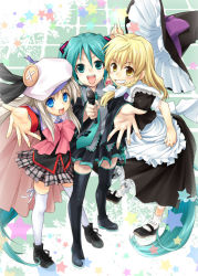Rule 34 | 3girls, aqua eyes, aqua hair, blonde hair, blue eyes, boots, bow, buttons, cape, crossover, hat, hatsune miku, kirisame marisa, large buttons, little busters!, long hair, microphone, multiple girls, noumi kudryavka, open mouth, pink bow, plaid, plaid skirt, sato-pon, school uniform, serafuku, silver hair, skirt, star (symbol), thigh boots, thighhighs, touhou, very long hair, vocaloid, witch, witch hat, yellow eyes