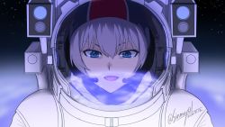 Rule 34 | 1girl, alternate costume, astronaut, blue eyes, close-up, earth (planet), girls und panzer, hair between eyes, helmet, highres, itsumi erika, open mouth, planet, reflection, shinmai (kyata), silver hair, solo, space helmet, spacesuit, star (sky), tagme