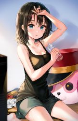 Rule 34 | + +, 1girl, bad id, bad pixiv id, bang dream!, bare shoulders, barefoot, black hair, black shorts, black tank top, blue eyes, bottle, breasts, cleavage, unworn clothes, collarbone, epaulettes, hair ornament, hairclip, hand in own hair, hand on forehead, hat, highres, holding, holding bottle, looking at viewer, mascot head, medium breasts, medium hair, michelle (bang dream!), okusawa misaki, parted lips, shako cap, shorts, sitting, solo, sweat, tank top, tokkyu, water bottle