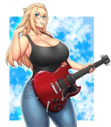 Rule 34 | 1girl, bangs pinned back, black tank top, blonde hair, blue background, blue eyes, border, borrowed character, breasts, cable, collarbone, commentary, curvy, denim, electric guitar, english commentary, erkaz, floral background, forehead, glasses, guitar, hair flip, highres, holding, holding instrument, huge breasts, inne sulistya robin, instrument, jeans, long hair, mouth hold, no bra, norman maggot, original, outline, outside border, pants, plectrum, plectrum in mouth, rimless eyewear, shirt, solo, standing, tank top, taut clothes, taut shirt, white border