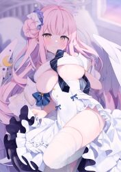 Rule 34 | 1girl, angel wings, blue archive, blue necktie, blush, breasts, capelet, closed mouth, clothes pull, comiket 103, commentary request, dress, flower, frilled dress, frills, hair bun, hair flower, hair ornament, halo, high-waist skirt, highres, large breasts, long hair, low wings, medium dress, mika (blue archive), necktie, pantyhose, pantyhose pull, pink hair, pink halo, shiika yuno, side up bun, single side bun, skirt, sleeveless, sleeveless dress, solo, underbust, very long hair, white capelet, white dress, white pantyhose, white skirt, wings, yellow eyes