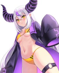Rule 34 | 1girl, artist request, bikini, fang, highres, hololive, holox, horns, la+ darknesss, long sleeves, navel, pointy ears, skin fang, swimsuit, tagme, thigh strap, virtual youtuber, white hair, yellow bikini, yellow eyes