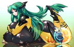 Rule 34 | 1girl, ass, blue eyes, bodysuit, breasts, covered erect nipples, demon girl, denkou nyako, female focus, gigantic breasts, green hair, high heels, horns, long hair, lum, lying, nipples, on stomach, oni, plump, see-through, shoes, solo, thick thighs, thighs, urusei yatsura, veins, veiny breasts