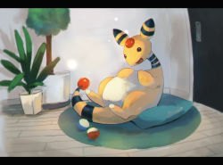 Rule 34 | :d, ampharos, commentary request, creatures (company), cushion, door, flower pot, game freak, gen 2 pokemon, indoors, kikuyoshi (tracco), letterboxed, nintendo, no humans, open mouth, plant, pokemon, pokemon (creature), potted plant, rug, smile, solo, tongue