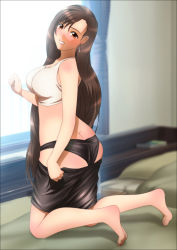 Rule 34 | 1990s (style), 1girl, absurdres, ass, bare shoulders, barefoot, bed, black panties, black skirt, breasts, brown hair, butt crack, cleavage, clothes pull, curtains, earrings, feet, final fantasy, final fantasy vii, highres, indoors, jewelry, kneeling, large breasts, legs, long hair, looking at viewer, midriff, on bed, orange eyes, panties, parted lips, pillow, retro artstyle, shiny skin, skirt, skirt pull, smile, solo, sunlight, tank top, thighs, tifa lockhart, toes, underwear, undressing, very long hair, window, yadokari genpachirou
