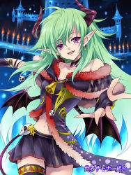 Rule 34 | 1girl, agahari, bad id, bad pixiv id, bat wings, bell, breasts, cleavage, copyright name, earrings, gloves, green hair, happy, horns, jewelry, night, pointy ears, purple eyes, skirt, skull, sky, small breasts, star (symbol), tail, thighhighs, wings