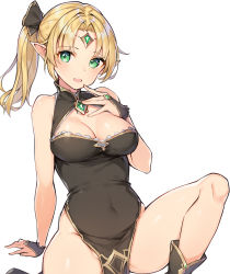Rule 34 | 1girl, :d, arm support, ass, bare arms, bare legs, bare shoulders, black dress, black footwear, black ribbon, blonde hair, boots, breasts, brooch, china dress, chinese clothes, cleavage, copyright request, covered navel, dress, elf, finger to mouth, forehead jewel, green eyes, hair ribbon, hand up, has bad revision, has downscaled revision, highres, jewelry, knee up, long hair, looking at viewer, md5 mismatch, medium breasts, open mouth, original, parted bangs, pelvic curtain, pointy ears, ponytail, resolution mismatch, ribbon, rikoma, side slit, sidelocks, simple background, sitting, sleeveless, sleeveless dress, smile, solo, source smaller, thighs, white background