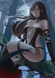 Rule 34 | 1girl, bare shoulders, black dress, black gloves, breasts, brown eyes, brown hair, center opening, choker, cleavage, closed mouth, dress, fate/grand order, fate (series), gloves, long hair, medium breasts, navel, revealing clothes, ribbon-trimmed dress, sideboob, sitting, sokanu, strapless, strapless dress, thighs, tree, branch, yu mei-ren (fate)
