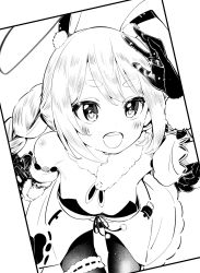 Rule 34 | 1girl, :3, absurdres, animal ear fluff, animal ears, braid, breasts, detached sleeves, don-chan (usada pekora), dress, from above, gloves, greyscale, highres, hololive, legband, monochrome, nikumaru, open mouth, pantyhose, rabbit ears, rabbit girl, round teeth, small breasts, smile, solo, teeth, thick eyebrows, twin braids, usada pekora, usada pekora (1st costume), virtual youtuber