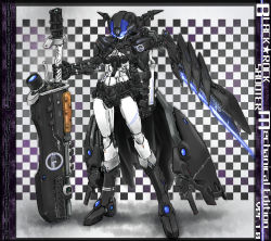 Rule 34 | 10s, black rock shooter, black rock shooter (character), checkered background, full body, glowing, glowing eyes, helmet, highres, holding, holding sword, holding weapon, huge weapon, ledjoker07, looking at viewer, macha, mechanization, no humans, simple background, solo, standing, sword, vocaloid, weapon