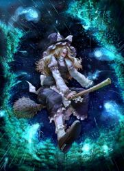 Rule 34 | 1girl, blonde hair, broom, broom riding, female focus, forest, forest of magic, full body, glowing, hat, kirisame marisa, laughing, long hair, nature, night, night sky, outdoors, perspective, realistic, sky, solo, takami masahiro, touhou, witch, witch hat, yellow eyes