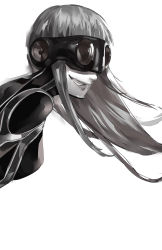 Rule 34 | 1girl, blazpu, floating hair, goggles, greyscale, grin, highres, long hair, looking to the side, mask, monochrome, persona, persona 5, sakura futaba, smile, solo
