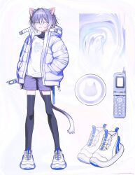 1girl abstract_background animal_ears black_thighhighs black_undershirt cat_ears cat_girl cat_tail cellphone down_jacket flip_phone full_body gradient_hair hair_intakes hair_ornament hairclip half-closed_eyes hand_in_pocket highres holding holding_phone hood hood_down hooded_jacket iridescent jacket long_sleeves looking_at_viewer multicolored_background multicolored_hair open_clothes open_jacket open_mouth original patch phone purple_hair purple_jacket purple_shorts shirt shoes short_hair shorts shoulder_patch signal_1120 sneakers solo tail thighhighs turtleneck turtleneck_shirt white_eyes white_footwear white_hair white_shirt y2k_fashion