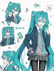 Rule 34 | +++, 1girl, aqua eyes, aqua hair, aqua nails, aqua necktie, black pantyhose, blue jacket, candy, character badge, collared shirt, commentary, cowboy shot, crown, crown hair ornament, english text, food, food-themed hair ornament, grid background, hair ornament, hand in pocket, hatsune miku, heart, highres, holding, holding candy, holding food, holding lollipop, jacket, kagamine rin, lollipop, long hair, long sleeves, looking at phone, looking at viewer, minazuki (minaduki 0318), multiple views, necktie, open mouth, pantyhose, phone, plaid clothes, plaid skirt, pleated skirt, shirt, simple background, skirt, smile, solo focus, speech bubble, spoken heart, spring onion, spring onion hair ornament, standing, star (symbol), stuffed animal, stuffed rabbit, stuffed toy, twintails, very long hair, vocaloid, white shirt