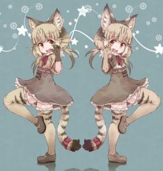 Rule 34 | 10s, 2girls, animal ears, back-to-back, belt, bow, brown hair, cat ears, cat tail, claw pose, commentary, elbow gloves, fang, frilled skirt, frills, fur collar, gloves, high-waist skirt, highres, jungle cat (kemono friends), kemono friends, kolshica, leg up, light brown hair, multicolored hair, multiple girls, neck ribbon, ribbon, short hair, short sleeves, skirt, symmetry, tail, tail bow, tail ornament, thighhighs, twintails, yellow eyes