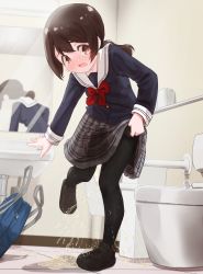 Rule 34 | 1girl, bag, bathroom, black footwear, black pantyhose, blue shirt, blush, bow, bowtie, breast pocket, bright pupils, brown eyes, brown hair, buttons, clothes lift, commission, embarrassed, female focus, flat chest, full body, grey skirt, have to pee, highres, indoors, leaning forward, leg up, lifted by self, long hair, long sleeves, looking down, matching hair/eyes, miniskirt, mirror, motion blur, nose blush, open mouth, original, outstretched arm, pantyhose, pee, peeing, peeing self, plaid, plaid skirt, pleated skirt, pocket, ponytail, puddle, red bow, red bowtie, reflection, sailor collar, school bag, school uniform, shirt, shoes, sidelocks, sink, skeb commission, skirt, skirt lift, sneakers, solo, standing, standing on one leg, tears, throwing, tile floor, tiles, toilet, toilet paper, urabe miyabi, wet, wet clothes, white pupils, white sailor collar, wide-eyed