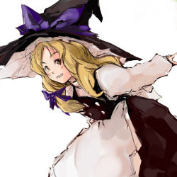 Rule 34 | 1girl, apron, black hat, black skirt, black vest, blonde hair, blush, bow, brown eyes, buttons, female focus, frilled apron, frills, grin, hair bow, hat, hat bow, hat ribbon, july13th, kirisame marisa, leaning forward, long hair, long sleeves, looking at viewer, lowres, outstretched arms, purple bow, purple ribbon, ribbon, shirt, simple background, skirt, smile, solo, touhou, vest, waist apron, white apron, white background, white shirt, witch hat