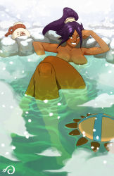Rule 34 | 1boy, 1girl, absurdres, alcohol, arm up, armpit crease, armpit peek, artist logo, bath, bathing, bleach, blush, breasts, cleavage, clenched hand, collarbone, completely nude, convenient censoring, crossed legs, dark-skinned female, dark skin, floating breasts, gourd, grin, hand on own head, highres, kanji, knees up, kon (bleach), large breasts, long hair, looking at viewer, naughty face, nude, onsen, outdoors, parted bangs, parted lips, partially submerged, pink ebi, pinup (style), ponytail, purple hair, ripples, rock, sake, shihouin yoruichi, shiny skin, signature, sitting, slit pupils, smile, snow, snowing, steam, v-shaped eyebrows, water, water spring, wet, winter, yellow eyes