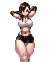 Rule 34 | 1girl, armpits, arms behind head, arms up, belt, breasts, cleavage, crop top, elbow pads, final fantasy, final fantasy vii, highres, kelvin hiu, large breasts, long hair, midriff, miniskirt, navel, pencil skirt, single elbow pad, skirt, sleeveless, smile, solo, stomach, suspender skirt, suspenders, thick thighs, thigh gap, thighs, tifa lockhart, toned