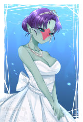Rule 34 | 1girl, absurdres, bishoujo senshi sailor moon, bishoujo senshi sailor moon supers, bride, colored skin, commission, demon girl, dress, earrings, emarex96, highres, jewelry, lemures (sailor moon), looking at viewer, monster girl, necklace, otedamako, pointy ears, purple hair, shiny skin, smile, solo, tiara, white dress