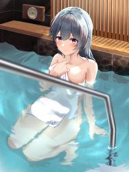 Rule 34 | 1girl, absurdres, blue hair, blush, breasts, collarbone, covering privates, eula (genshin impact), full body, genshin impact, hair between eyes, highres, hiragi paint, holding, holding towel, indoors, looking at viewer, medium hair, naked towel, nude cover, partially submerged, pool, purple eyes, sitting, solo, towel, water, water drop