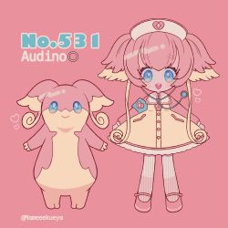 Rule 34 | 1girl, armband, audino, blue eyes, blush, character name, creatures (company), game freak, gen 5 pokemon, hat, heart, highres, long sleeves, looking at viewer, multicolored clothes, multicolored hair, multicolored legwear, narumame, nintendo, nurse cap, open mouth, pantyhose, personification, pink background, pink hair, pink pantyhose, pokemon, pokemon (creature), short hair, simple background, smile, stethoscope, striped clothes, striped legwear, striped pantyhose, teeth, twitter username, unmoving pattern, upper teeth only, vertical-striped clothes, vertical-striped pantyhose, white hair, white pantyhose