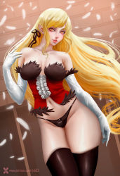 Rule 34 | 1girl, alternate breast size, bare shoulders, black thighhighs, blonde hair, breasts, commentary request, contrapposto, corset, cowboy shot, elbow gloves, feathers, gloves, jxh 33, kiss-shot acerola-orion heart-under-blade, kizumonogatari, lips, long hair, looking at viewer, medium breasts, monogatari (series), navel, nose, oshino shinobu, panties, parted lips, patreon username, pointy ears, self-upload, skindentation, smile, solo, swept bangs, thighhighs, thighs, underwear, very long hair, watermark, web address, white feathers, white gloves