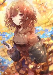 Rule 34 | 1girl, bad id, bad twitter id, bare legs, black jacket, blue sky, blush, brown hair, brown hoodie, clothes around waist, cloud, commentary, cowboy shot, dappled sunlight, english commentary, ginkgo leaf, hair ornament, hairclip, highres, higuchi madoka, holding, holding phone, hood, hoodie, idolmaster, idolmaster shiny colors, jacket, leaf, long sleeves, looking to the side, namamake, outdoors, parted lips, phone, plaid, plaid shirt, puddle, purple eyes, reflection, shirt, shirt around waist, shorts, sidelocks, sky, solo, sunlight, swept bangs, wavy hair