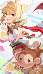 Rule 34 | 1girl, :d, andira (granblue fantasy), animal, antenna hair, bare shoulders, blonde hair, blush, brown eyes, commentary request, detached sleeves, egasumi, fur-trimmed sleeves, fur trim, granblue fantasy, hair between eyes, highres, leotard, long sleeves, looking at viewer, looking to the side, monkey, open mouth, petals, pilokey, short hair, smile, solo, two side up, white leotard, white sleeves, wide sleeves
