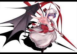 Rule 34 | 1girl, ascot, bad id, bad pixiv id, bat wings, blue hair, boots, fingernails, grin, hat, highres, knee boots, letterboxed, looking at viewer, outstretched hand, polearm, red eyes, remilia scarlet, rerrere, shadow, sharp fingernails, short hair, smile, solo, spear, touhou, weapon, wings