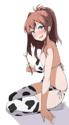 Rule 34 | 1girl, animal print, bikini, blue eyes, blush stickers, breasts, brown hair, commentary request, cow print, full body, hair between eyes, halterneck, highres, kantai collection, large breasts, long hair, looking at viewer, mimikaki, nel-c, open mouth, ponytail, saratoga (kancolle), seiza, side-tie bikini bottom, side ponytail, sidelocks, simple background, sitting, smile, solo, string bikini, swimsuit, thighhighs, wavy mouth, white background, white bikini, white thighhighs