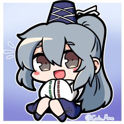 Rule 34 | 1girl, :d, blue background, blue footwear, blue hat, blue skirt, border, brown eyes, chibi, commentary, concha (mamecha), english commentary, full body, gradient background, grey hair, hat, hat ribbon, highres, japanese clothes, kariginu, long hair, long sleeves, looking at viewer, mononobe no futo, open mouth, ponytail, ribbon, ribbon-trimmed sleeves, ribbon trim, skirt, smile, solo, touhou, twitter username, very long hair, white border, wide sleeves