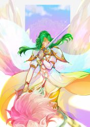 Rule 34 | 1girl, amiti, commentary, dress, elincia ridell crimea, closed eyes, fire emblem, fire emblem: path of radiance, green hair, highres, holding, holding sword, holding weapon, lamb (contra entry), left-handed, long hair, nintendo, solo, sword, weapon, white dress