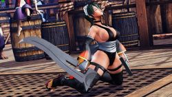 Rule 34 | 1girl, 3d, black hair, black leotard, blood, breasts, butterfly swords, curvy, defeat, falling, full body, highleg, highleg leotard, highres, holding, holding weapon, iroha (samurai spirits), large breasts, leotard, maid, maid headdress, ryona, samurai spirits, screencap, shiny skin, short hair, skindentation, thighhighs, third-party edit, thong leotard, weapon, wide hips