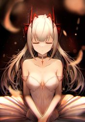 Rule 34 | 1girl, absurdres, antenna hair, arknights, ballerina, bare shoulders, black choker, blunt bangs, breasts, choker, cleavage, closed eyes, closed mouth, collarbone, dark background, detached sleeves, dress, facing viewer, grey hair, highres, horns, light particles, long hair, medium breasts, multicolored hair, mumei (wocai guwozai), own hands together, red hair, short sleeves, solo, strapless, strapless dress, two-tone hair, upper body, w (arknights), white dress
