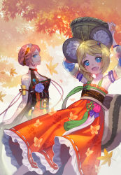 Rule 34 | 2girls, :d, animal ear fluff, animal ear request, animal ears, armpits, arms up, autumn leaves, backlighting, bare arms, bare shoulders, basket, blade &amp; soul, blonde hair, blue eyes, breasts, cleavage, closed mouth, commentary request, day, detached sleeves, fang, flat chest, floral print, flower knot, hanbok, arms up, jin (blade &amp; soul), korean clothes, leaf, lino chang, long sleeves, looking at viewer, lyn (blade &amp; soul), maple leaf, medium breasts, multicolored sleeves, multiple girls, nape, open mouth, outdoors, outstretched wrists, pink hair, profile, ribbon trim, short hair, smile, tail, tree, very short hair